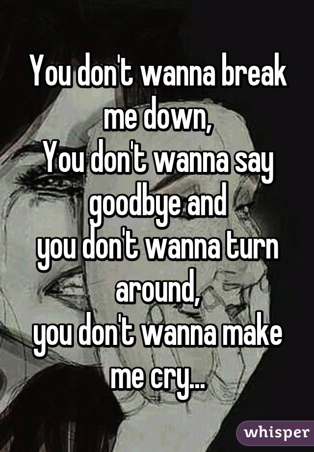 You don't wanna break me down,
You don't wanna say goodbye and
you don't wanna turn around,
you don't wanna make me cry...