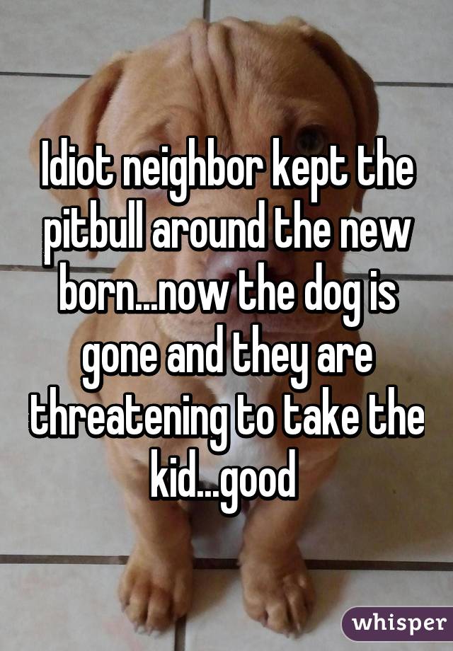 Idiot neighbor kept the pitbull around the new born...now the dog is gone and they are threatening to take the kid...good 