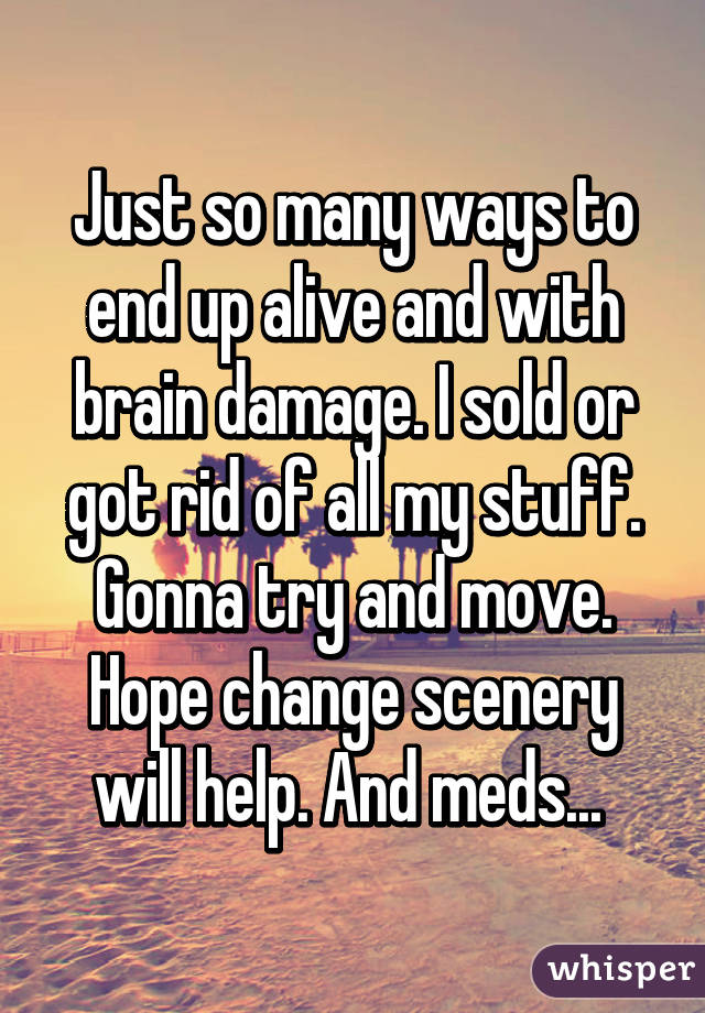 Just so many ways to end up alive and with brain damage. I sold or got rid of all my stuff. Gonna try and move. Hope change scenery will help. And meds... 