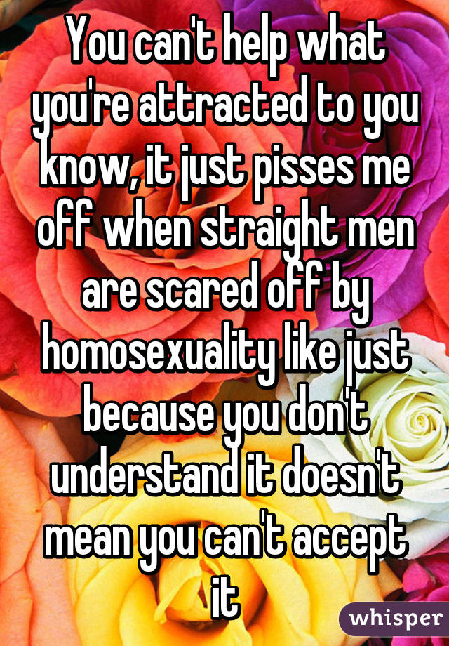 You can't help what you're attracted to you know, it just pisses me off when straight men are scared off by homosexuality like just because you don't understand it doesn't mean you can't accept it