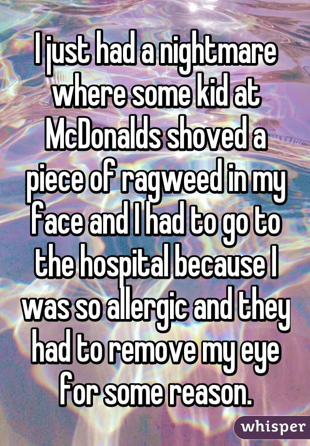 I just had a nightmare where some kid at McDonalds shoved a piece of ragweed in my face and I had to go to the hospital because I was so allergic and they had to remove my eye for some reason.