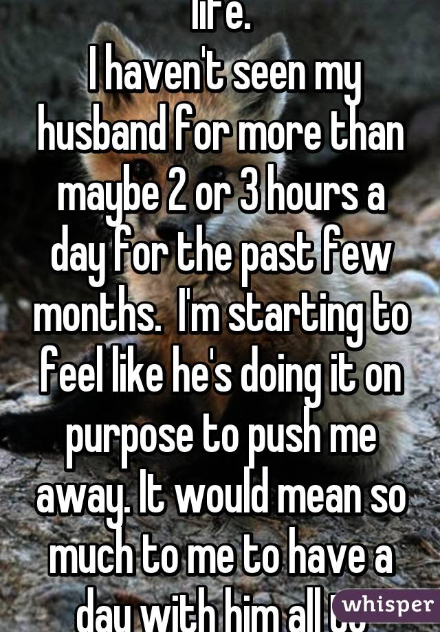 I'm so frustrated with life.
 I haven't seen my husband for more than maybe 2 or 3 hours a day for the past few months.  I'm starting to feel like he's doing it on purpose to push me away. It would mean so much to me to have a day with him all to myself. 