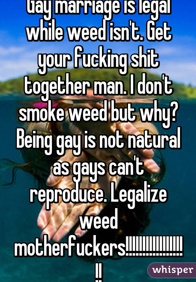Gay marriage is legal while weed isn't. Get your fucking shit together man. I don't smoke weed but why? Being gay is not natural as gays can't reproduce. Legalize weed motherfuckers!!!!!!!!!!!!!!!!!!!