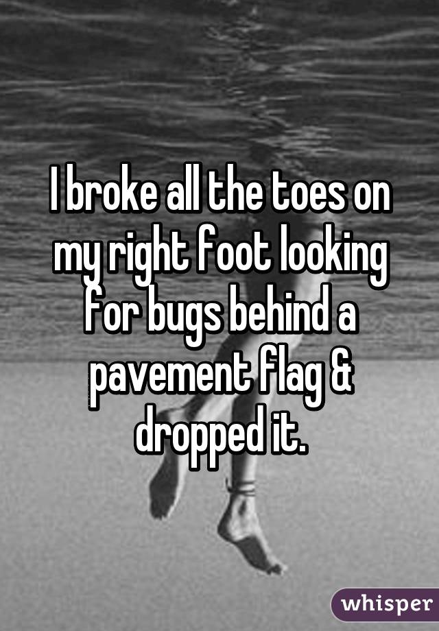 I broke all the toes on my right foot looking for bugs behind a pavement flag & dropped it.