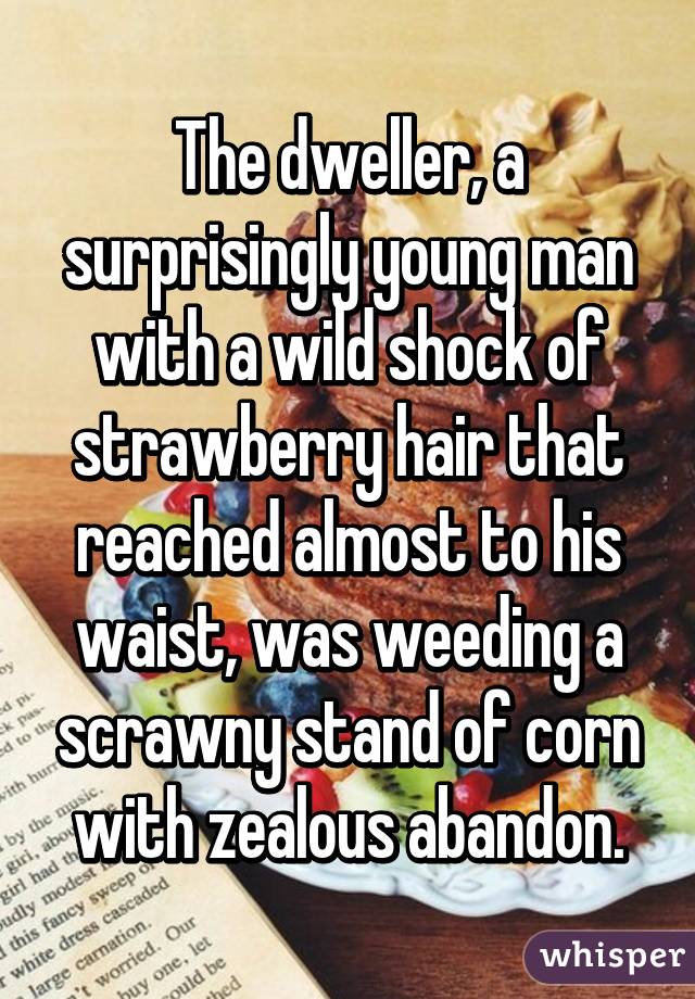 The dweller, a surprisingly young man with a wild shock of strawberry hair that reached almost to his waist, was weeding a scrawny stand of corn with zealous abandon.