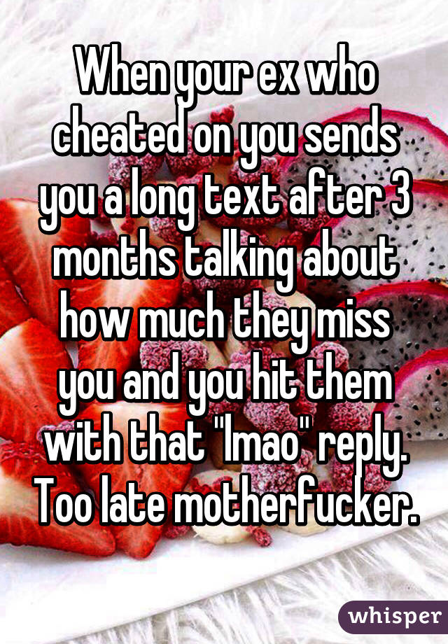 When your ex who cheated on you sends you a long text after 3 months talking about how much they miss you and you hit them with that "lmao" reply. Too late motherfucker. 