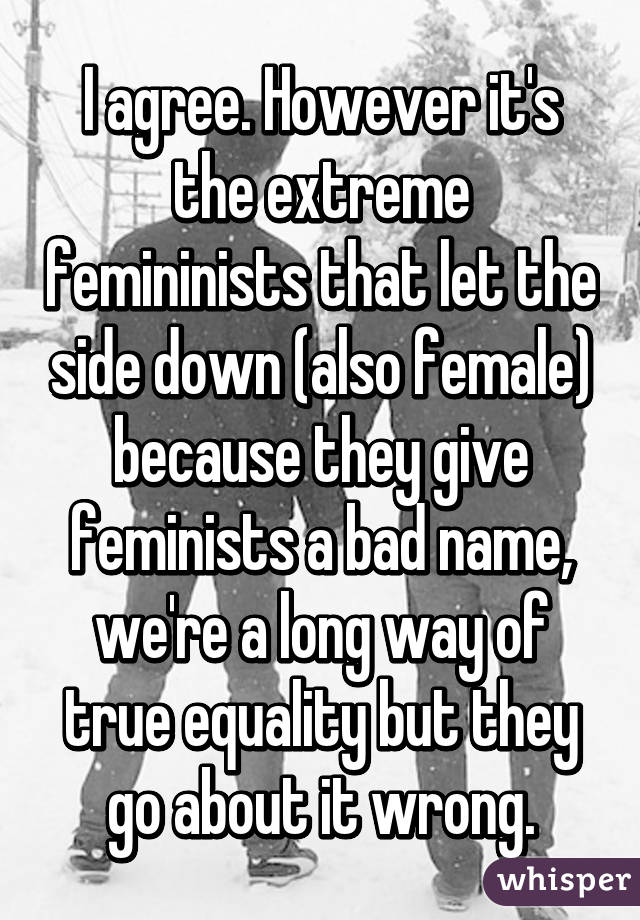I agree. However it's the extreme femininists that let the side down (also female) because they give feminists a bad name, we're a long way of true equality but they go about it wrong.