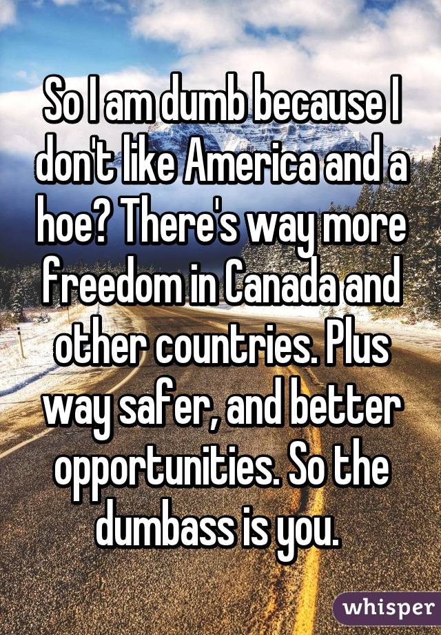 So I am dumb because I don't like America and a hoe? There's way more freedom in Canada and other countries. Plus way safer, and better opportunities. So the dumbass is you. 