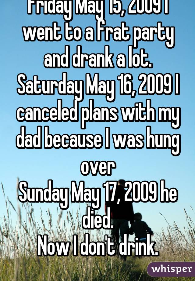 Friday May 15, 2009 I went to a frat party and drank a lot.
Saturday May 16, 2009 I canceled plans with my dad because I was hung over
Sunday May 17, 2009 he died.
Now I don't drink.
