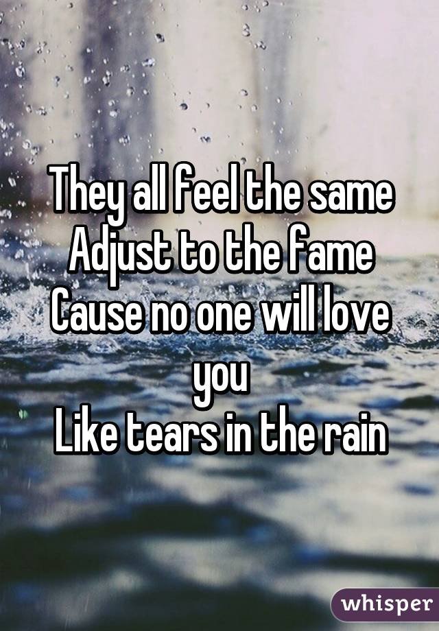 They all feel the same
Adjust to the fame
Cause no one will love you
Like tears in the rain