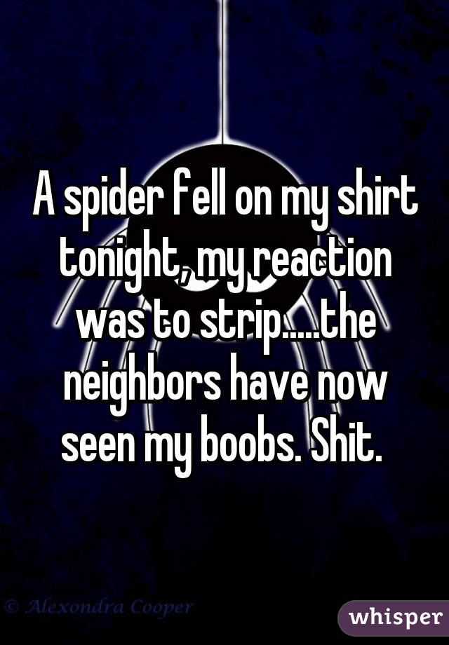A spider fell on my shirt tonight, my reaction was to strip.....the neighbors have now seen my boobs. Shit. 
