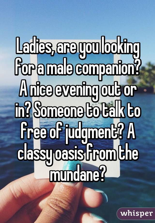 Ladies, are you looking for a male companion? A nice evening out or in? Someone to talk to free of judgment? A classy oasis from the mundane?