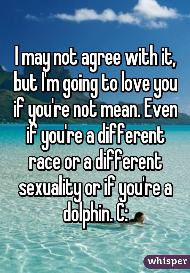 I may not agree with it, but I'm going to love you if you're not mean. Even if you're a different race or a different sexuality or if you're a dolphin. C:
