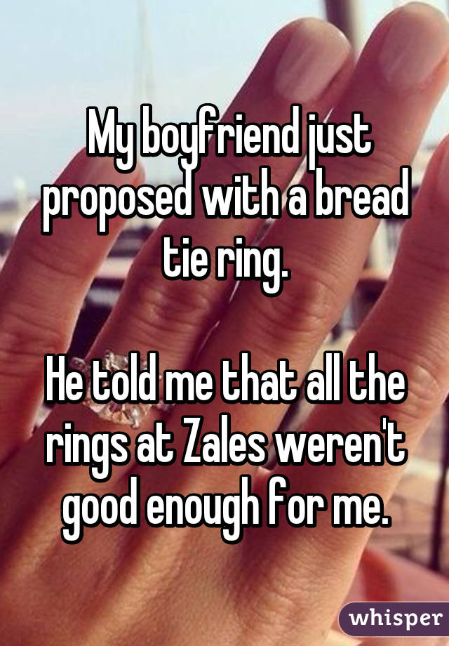  My boyfriend just proposed with a bread tie ring.

He told me that all the rings at Zales weren't good enough for me.