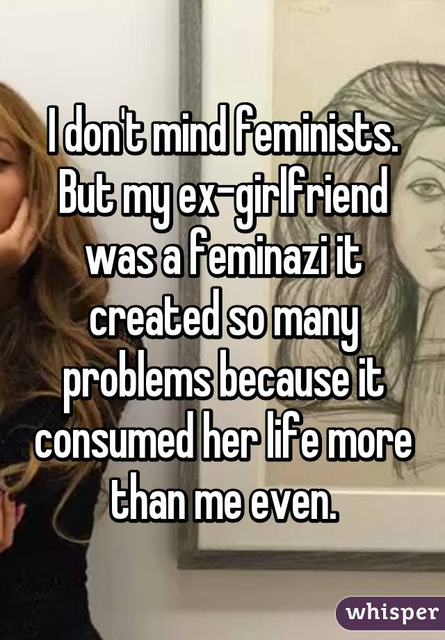 I don't mind feminists. But my ex-girlfriend was a feminazi it created so many problems because it consumed her life more than me even.