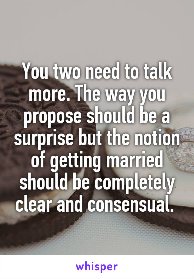 You two need to talk more. The way you propose should be a surprise but the notion of getting married should be completely clear and consensual. 