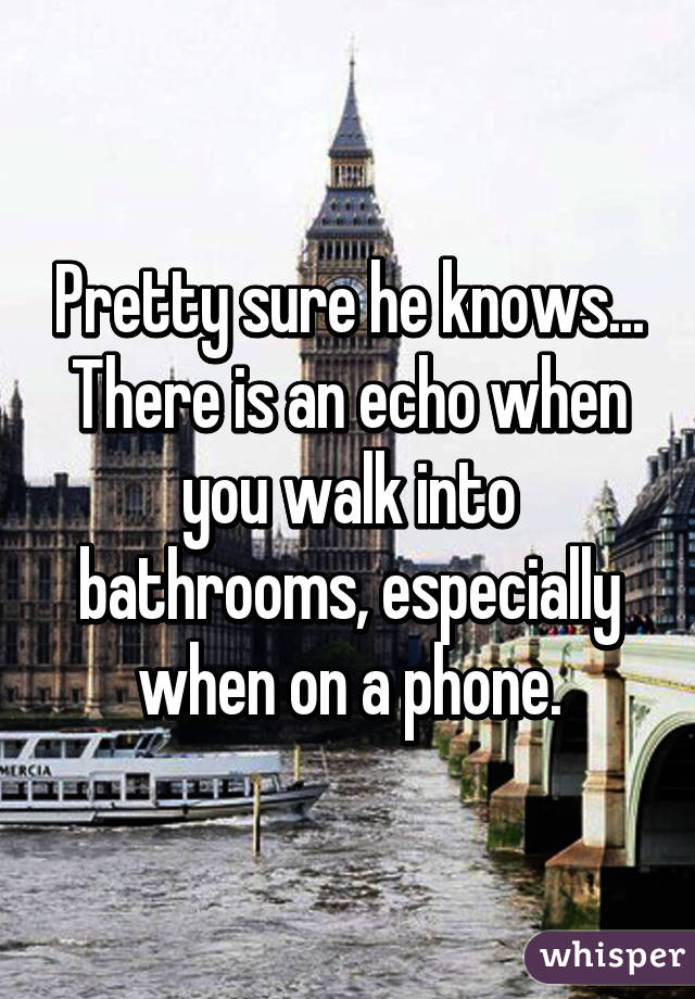 Pretty sure he knows... There is an echo when you walk into bathrooms, especially when on a phone.