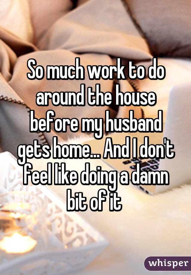 So much work to do around the house before my husband gets home... And I don't feel like doing a damn bit of it 