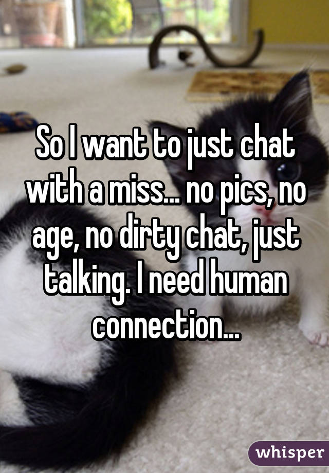 So I want to just chat with a miss... no pics, no age, no dirty chat, just talking. I need human connection...