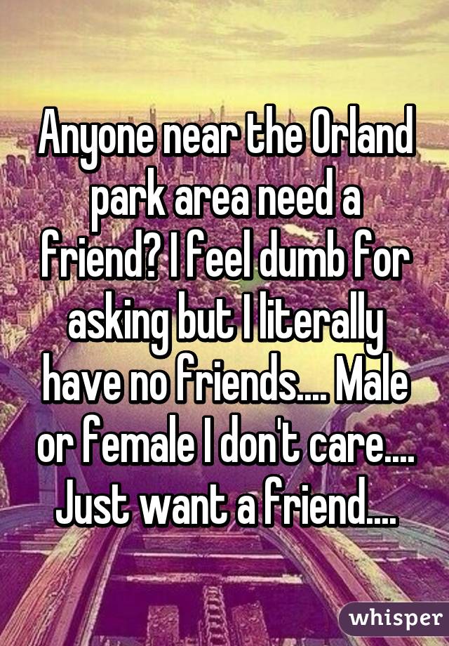 Anyone near the Orland park area need a friend? I feel dumb for asking but I literally have no friends.... Male or female I don't care.... Just want a friend....