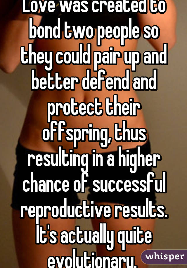 Love was created to bond two people so they could pair up and better defend and protect their offspring, thus resulting in a higher chance of successful reproductive results. It's actually quite evolutionary. 