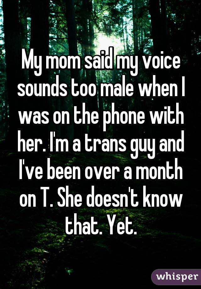 My mom said my voice sounds too male when I was on the phone with her. I'm a trans guy and I've been over a month on T. She doesn't know that. Yet.