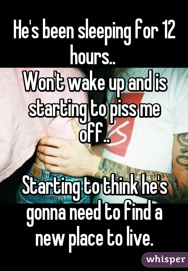 He's been sleeping for 12 hours.. 
Won't wake up and is starting to piss me off..

Starting to think he's gonna need to find a new place to live.