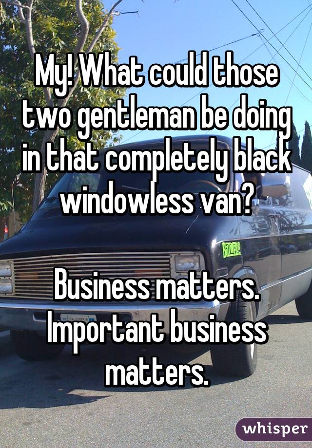 My! What could those two gentleman be doing in that completely black windowless van?

Business matters. Important business matters.