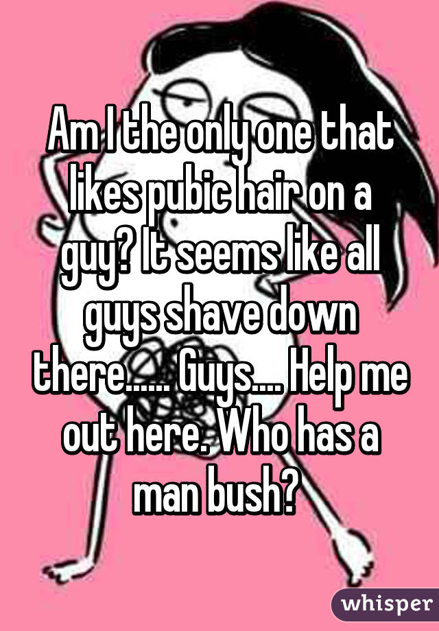 Am I the only one that likes pubic hair on a guy? It seems like all guys shave down there...... Guys.... Help me out here. Who has a man bush? 