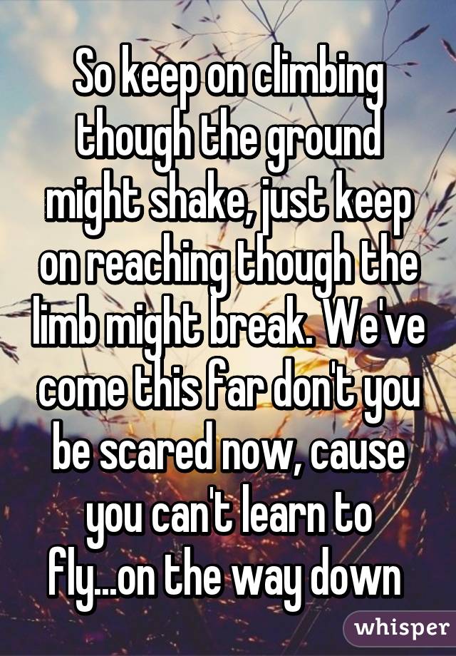 So keep on climbing though the ground might shake, just keep on reaching though the limb might break. We've come this far don't you be scared now, cause you can't learn to fly...on the way down 