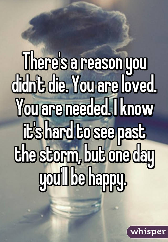 There's a reason you didn't die. You are loved. You are needed. I know it's hard to see past the storm, but one day you'll be happy. 