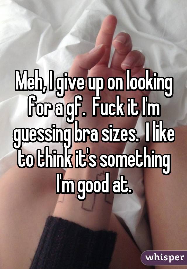 Meh, I give up on looking for a gf.  Fuck it I'm guessing bra sizes.  I like to think it's something I'm good at.