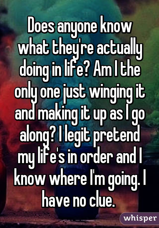 Does anyone know what they're actually doing in life? Am I the only one just winging it and making it up as I go along? I legit pretend my life's in order and I know where I'm going. I have no clue. 