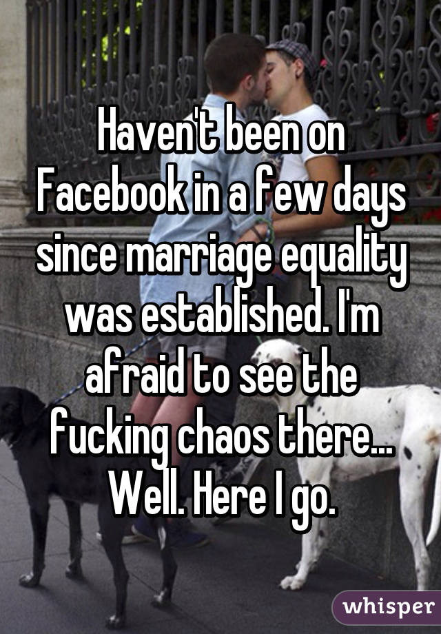 Haven't been on Facebook in a few days since marriage equality was established. I'm afraid to see the fucking chaos there... Well. Here I go.