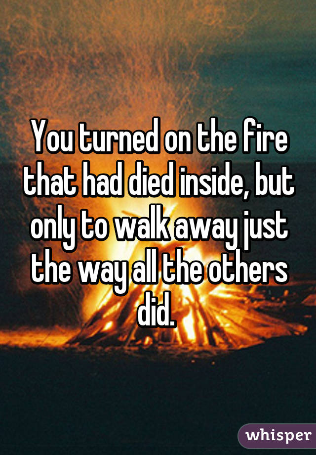 You turned on the fire that had died inside, but only to walk away just the way all the others did. 