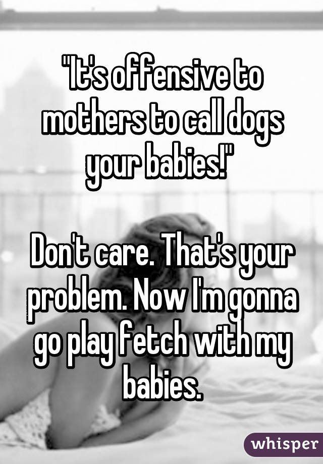 "It's offensive to mothers to call dogs your babies!" 

Don't care. That's your problem. Now I'm gonna go play fetch with my babies.