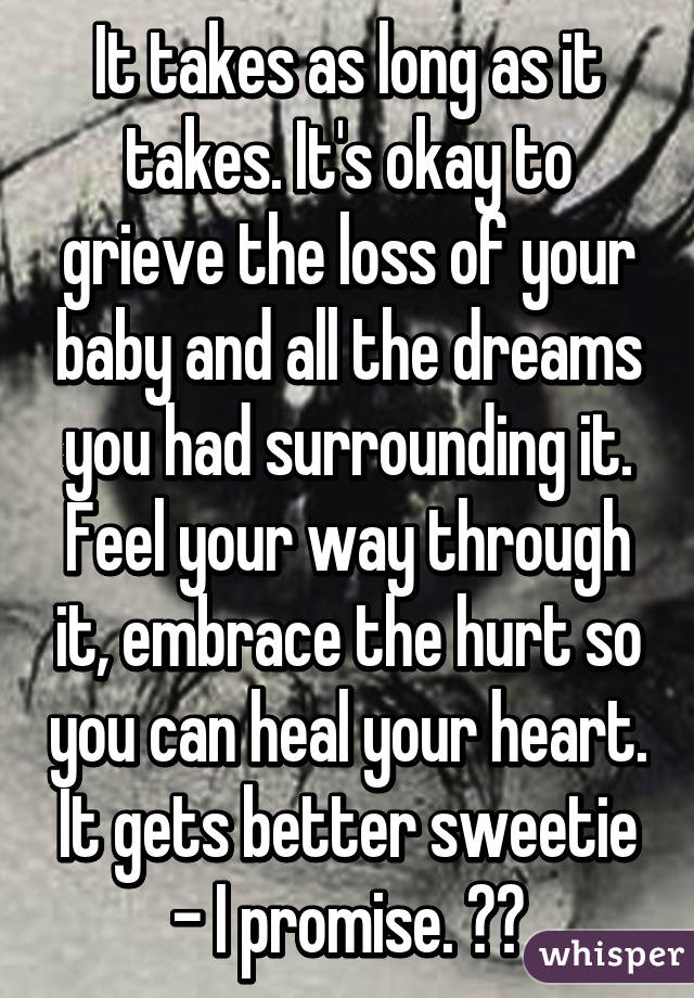 It takes as long as it takes. It's okay to grieve the loss of your baby and all the dreams you had surrounding it. Feel your way through it, embrace the hurt so you can heal your heart. It gets better sweetie - I promise. ❤️