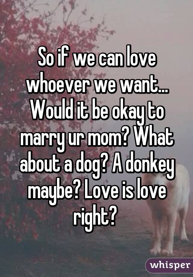 So if we can love whoever we want... Would it be okay to marry ur mom? What about a dog? A donkey maybe? Love is love right? 