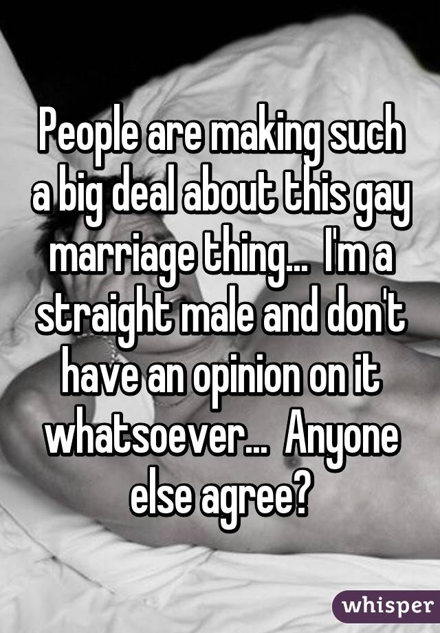 People are making such a big deal about this gay marriage thing...  I'm a straight male and don't have an opinion on it whatsoever...  Anyone else agree?