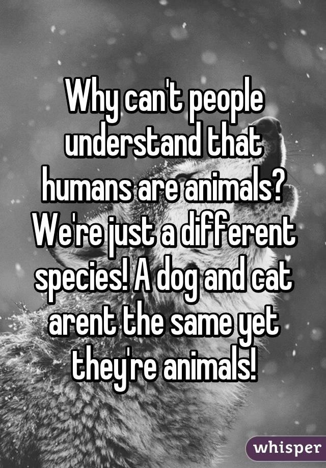 Why can't people understand that humans are animals? We're just a different species! A dog and cat arent the same yet they're animals!