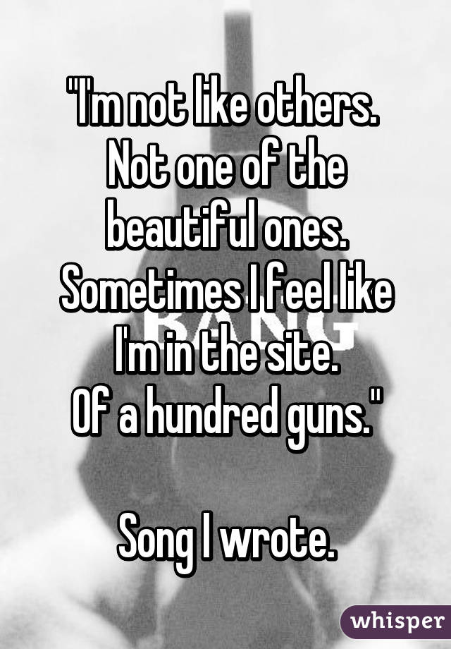 "I'm not like others. 
Not one of the beautiful ones.
Sometimes I feel like I'm in the site.
Of a hundred guns."

Song I wrote.