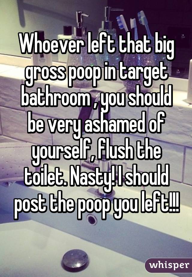 Whoever left that big gross poop in target bathroom , you should be very ashamed of yourself, flush the toilet. Nasty! I should post the poop you left!!! 