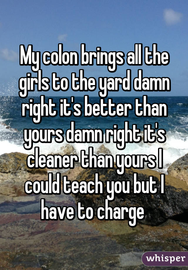 My colon brings all the girls to the yard damn right it's better than yours damn right it's cleaner than yours I could teach you but I have to charge 