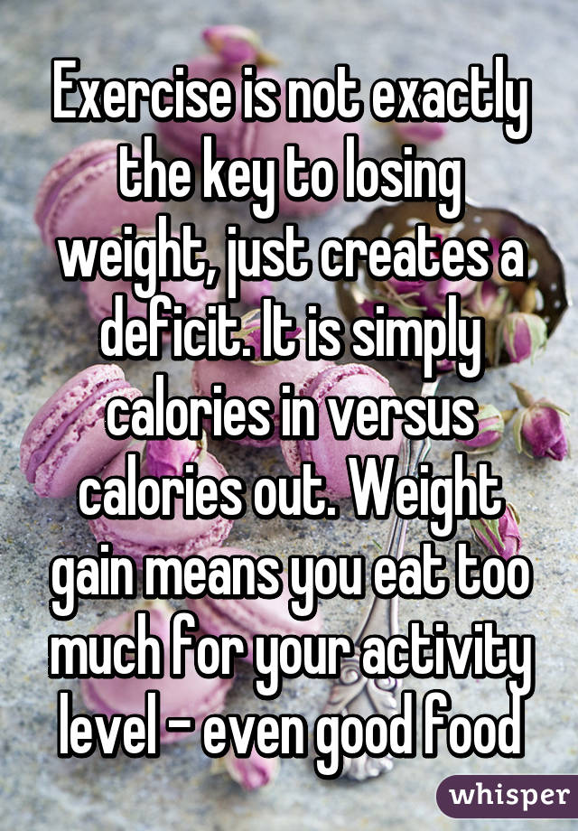 Exercise is not exactly the key to losing weight, just creates a deficit. It is simply calories in versus calories out. Weight gain means you eat too much for your activity level - even good food