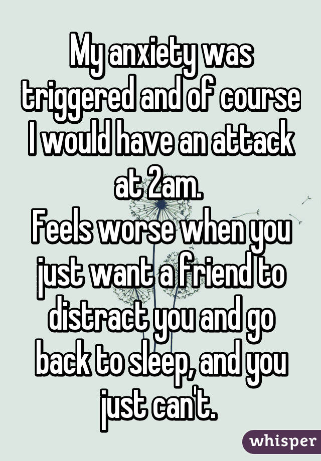 My anxiety was triggered and of course I would have an attack at 2am. 
Feels worse when you just want a friend to distract you and go back to sleep, and you just can't. 