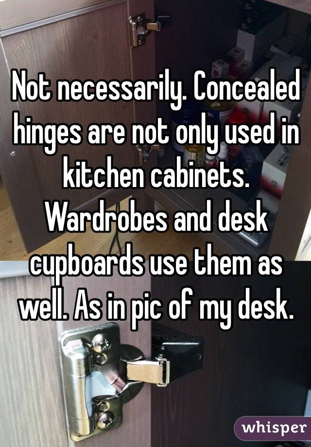 Not necessarily. Concealed hinges are not only used in kitchen cabinets. Wardrobes and desk cupboards use them as well. As in pic of my desk.