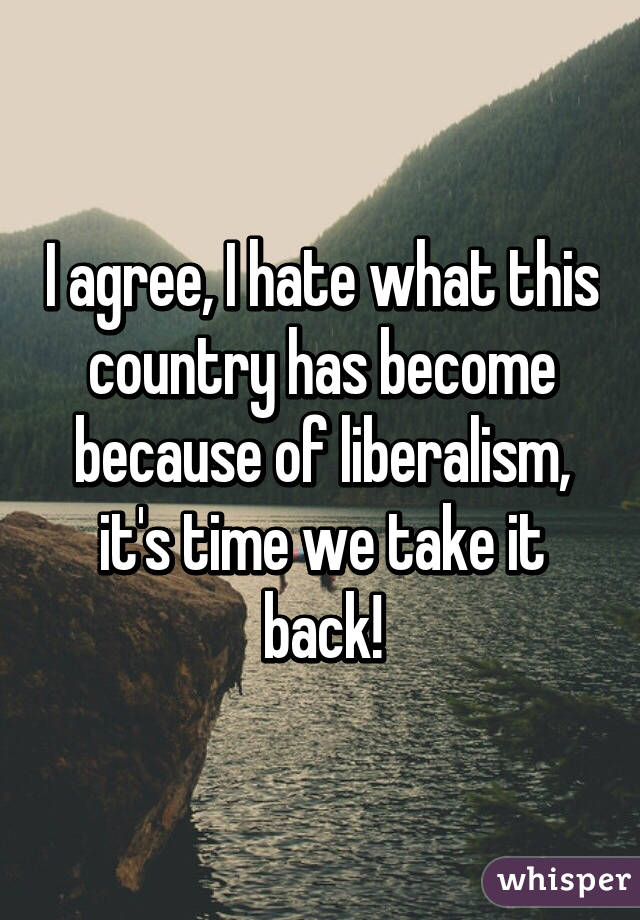 I agree, I hate what this country has become because of liberalism, it's time we take it back!