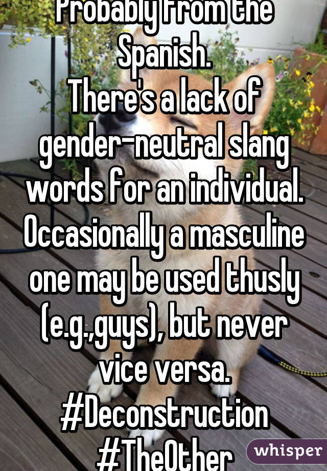 Probably from the Spanish.
There's a lack of gender-neutral slang words for an individual. Occasionally a masculine one may be used thusly (e.g.,guys), but never vice versa.
#Deconstruction
#TheOther