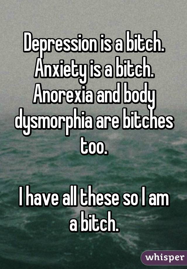 Depression is a bitch.
Anxiety is a bitch.
Anorexia and body dysmorphia are bitches too.

I have all these so I am a bitch.