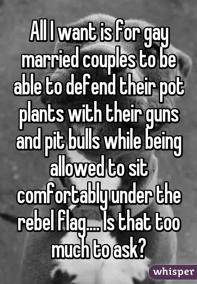 All I want is for gay married couples to be able to defend their pot plants with their guns and pit bulls while being allowed to sit comfortably under the rebel flag.... Is that too much to ask?